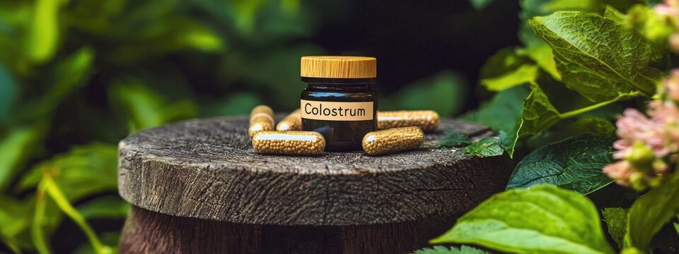 jar and pills of colostrum on the table. Selective focus
