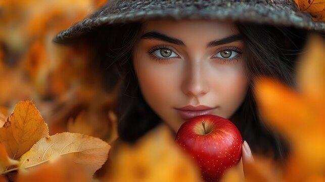 enchanting beautiful witch holding a red apple in a mystical autumn forest surrounded by vibrant foliage celebrating mabon and samhain evoking the essence of witchcraft and magic
