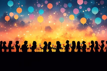 Fototapeta premium Icon of balloons and drinks surrounded by people chanting a birthday song. Stock illustration.
