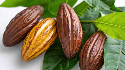 A close-up of cocoa pods on leaves, showcasing their rich textures and colors, representing the origin of chocolate and cacao.