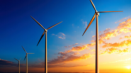 Obraz premium Wind turbines stand tall against vibrant sunset sky, showcasing advancements in renewable energy. scene captures beauty of sustainable technology in harmony with nature