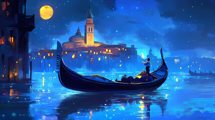 Enchanting venetian gondola ride at night. Venetian Gondola Ride. Illustration