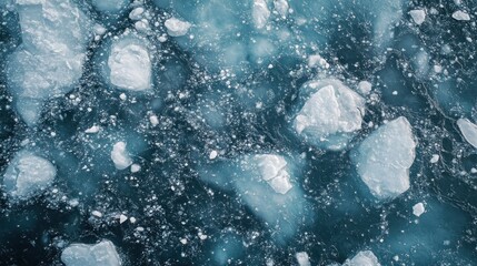 Obraz premium Aerial view of ice floes in a vast blue ocean, with the ice reflecting the light in a stunning display of nature's beauty.