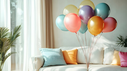 Colorful Balloons Floating Near the Ceiling in a Modern Indoor Space