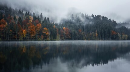 Misty Forest Reflecting in a Still Lake