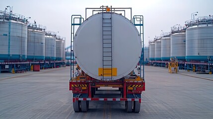 Tank truck positioned in industrial area with storage tanks.