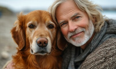 Senior couple with pet dog at the beach, Generative AI