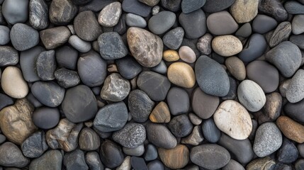 A seamless spread of smooth river pebbles in various shades of gray, tightly packed to fill the entire frame with natural, textured tones.