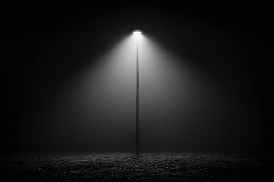 A single streetlight illuminates a foggy field at night.