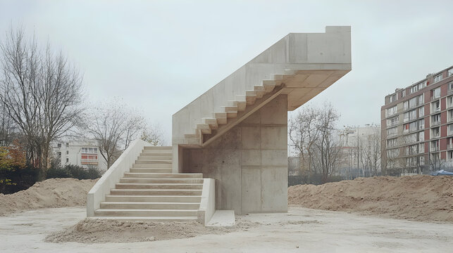 Half-Completed Concrete and Wood Staircase Under Construction in Modern Building