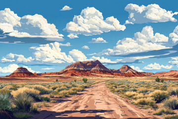 Fototapeta premium A vibrant desert landscape featuring reddish hills, a dirt road, and a dramatic sky filled with fluffy clouds.