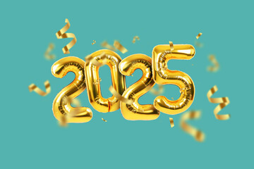 Happy new year 2025 golden balloons with gold confetti on a green background. Luxury balloons 2025. Vintage card. Trendy color