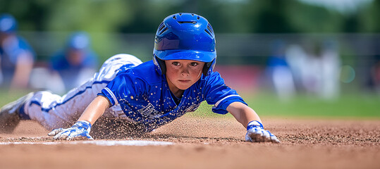 Young baseball player sliding into base during game, copy space