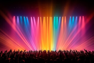Obraz premium Animated silhouette of a crowd dancing and cheering at a music festival, party night scene, generative AI.