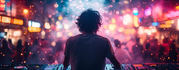 DJ mixing at party with crowd in the background