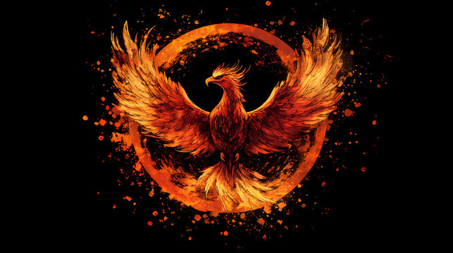 Fiery phoenix rise reborn from ash. Mystic Phoenix. Illustration