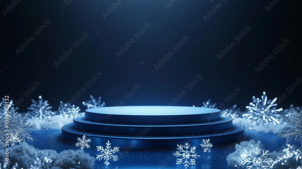Fototapete the stage is set with a circular platform surrounded by shimmering snowflakes, illuminated by a soft