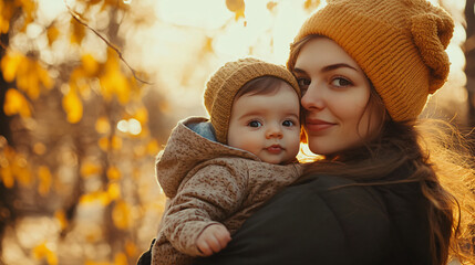 Fototapeta premium Caucasian mother holding her infant baby in her arms affectionately