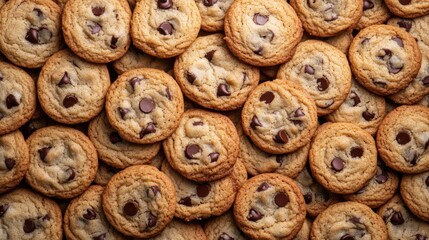 A background completely filled with chocolate chip cookies, packed tightly together to create a warm, sweet surface with a rich, crispy texture.