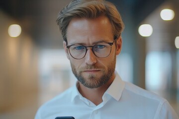 Obraz premium Male executive using mobile phone in office, Generative AI