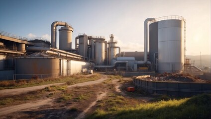 Obraz premium The industrial facility features large storage tanks and complex machinery, basking in the warm glow of sunset. The landscape includes a dirt path leading to the industrial site amid grassy areas