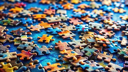 Obraz premium A close-up view of a scattered jigsaw puzzle, revealing a colorful array of interlocking pieces, each unique in shape and design, waiting to be connected and form a complete picture.