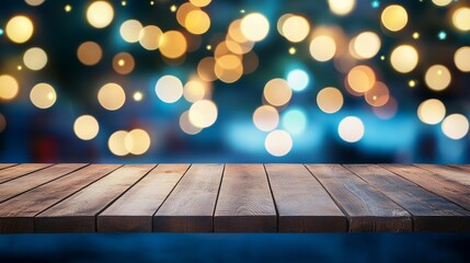 A wood desk top is blurred with light bokeh against a concert blur background, and the table is also wooden