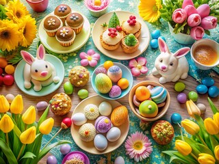 Obraz premium Delightful Easter Cartoon Bunnies with Colorful Eggs and Spring Flowers