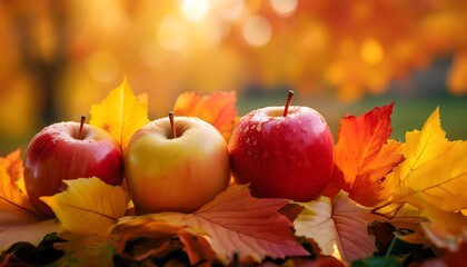 Ripe apples nestled among vibrant autumn leaves in a picturesque fall setting. Generative AI