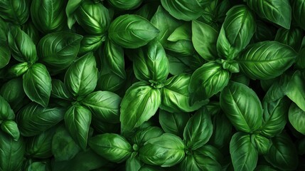 A dense arrangement of basil leaves, tightly packed and filling the entire frame with their fresh green color.
