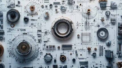Array of mechanical parts and components precisely arranged on engineering drawings, showcasing the detail and precision of mechanical design.