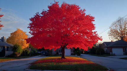 Majestic Maple Tree with Vibrant Red Leaves in Autumn Splendor