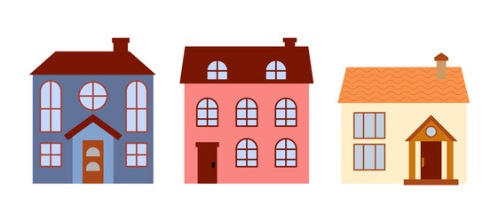 Set of houses of the suburbs residential area, low-rise buildings. Vector illustration for house icon, village, city element. Cute childish houses in a flat style.