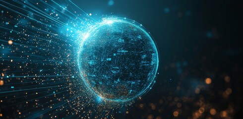 Fototapeta premium An illustration of a futuristic Halo blue digital planet flowing with digital data. Concepts incorporating digital innovation and communication.