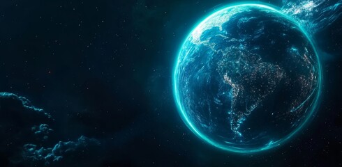 Fototapeta premium The concept of digital marketing is illustrated with a futuristic illustration of a blue globe with rays.