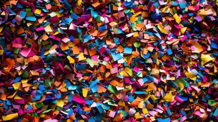 A surface entirely filled with colorful confetti pieces, scattered densely across the frame, creating a bright, festive and celebratory texture.