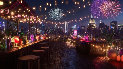 Naklejka premium Vibrant Rooftop New Year Party in a Bustling City