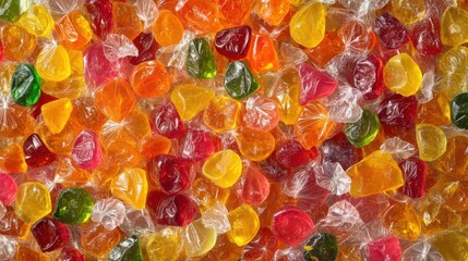 A seamless spread of assorted fruit-flavored candies, tightly packed together to fill the entire frame with their bright, colorful wrappers and sugary textures.