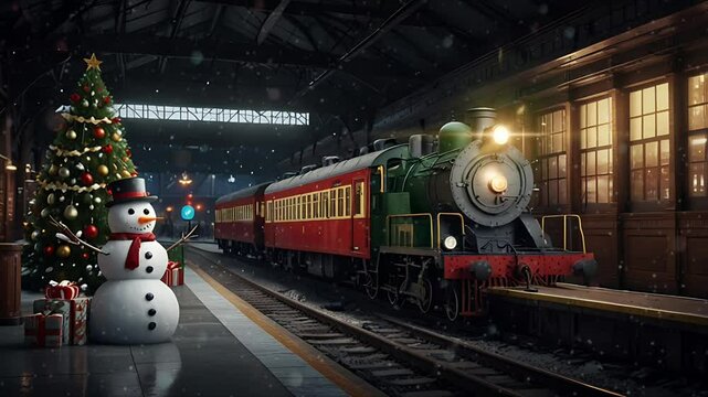 A locomotive train, snowman and Christmas tree inside the station. Seamless 4K looping timelapse video animation background