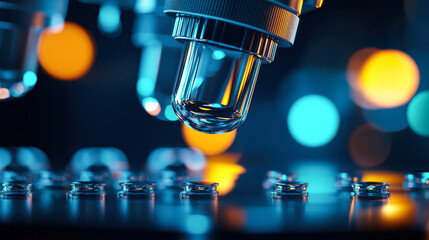 close up view of microscope focusing on glass vials, showcasing latest innovations in material science. vibrant bokeh background adds modern touch to scientific setting