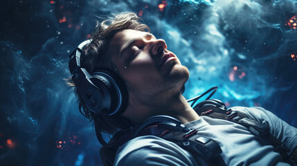 generated illustration man in headphones listening to music at home with eyes closed