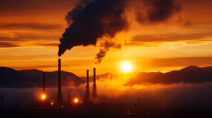 image captures dramatic sunset behind industrial smokestacks, with smoke billowing into sky, creating stark contrast against vibrant colors of horizon