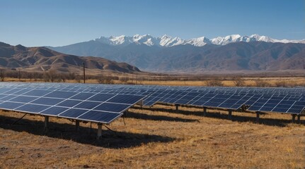 Transitioning to Clean Energy: Solar Panels Harnessing Sunlight Against a Majestic Mountain Backdrop in a Sustainable Landscape