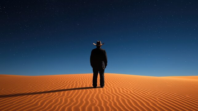 A lone figure stands on a vast sandy desert under a starry night sky, reflecting solitude and adventure. - Powered by Adobe