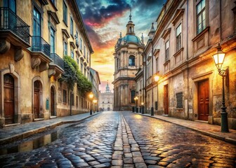 Obraz premium Double Exposure of Baroque Era Town Street with Old Stone City Road for Timeless Aesthetic