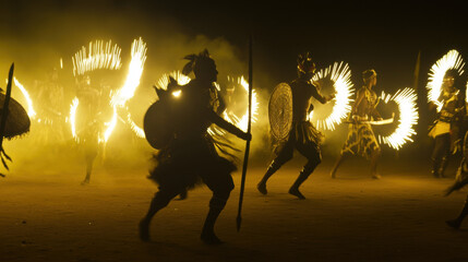 Dancers perform with fire in a dramatic, illuminated setting, showcasing skill and tradition amid swirling flames, hornbill festival, Nagaland