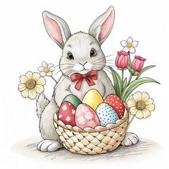 Bunny with Easter basket and flowers, cartoon style, spring holiday theme