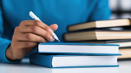 A person writing with a pen on a notebook in a workspace with stacked books.