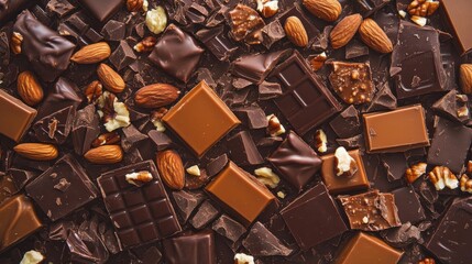 A richly packed surface of various chocolate bars with nuts, caramel, and dark chocolate pieces, completely covering the background with rich textures.