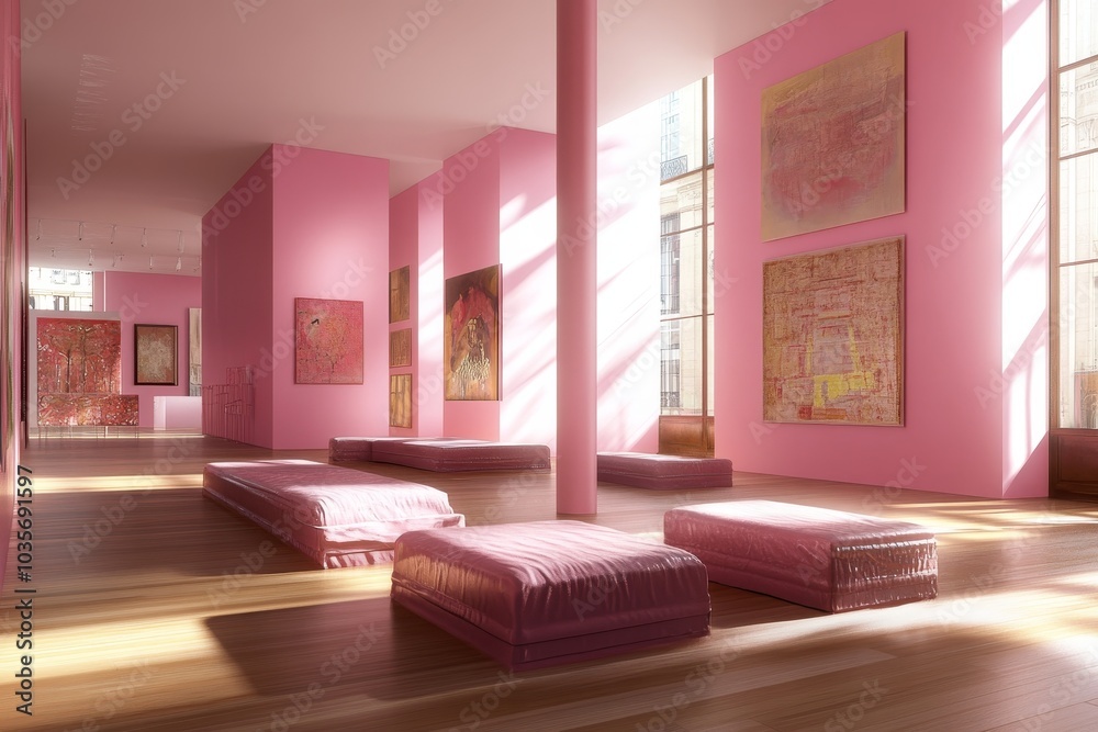 Poster detailed rendering of an empty gallery with beige walls and several blank frames.